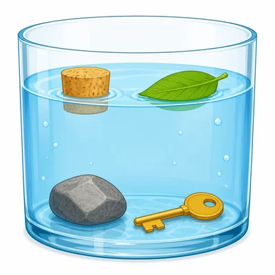 A cork and leaf float while a rock and key sink in water.