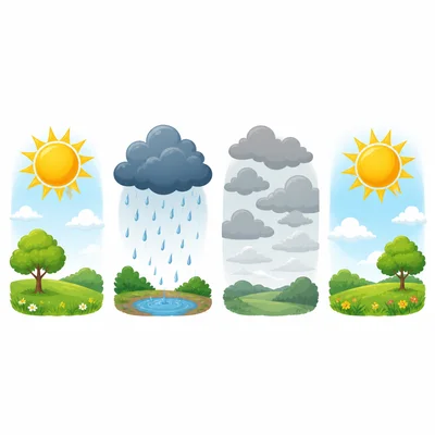 Four weather pictures in order: sunny, rainy, cloudy, sunny.