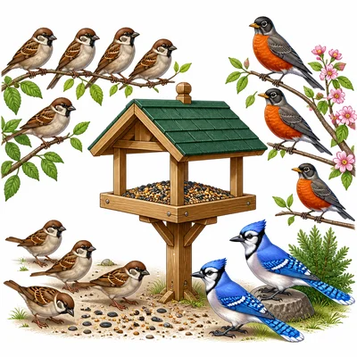 A bird feeder with groups of sparrows, robins, and blue jays.