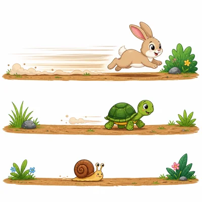 A rabbit, turtle, and snail moving on paths, with the snail moving the least.