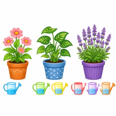 Three plants with one, two, and three watering cups beside them.