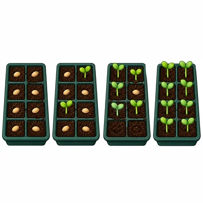 Four seed trays showing increasing numbers of sprouts.