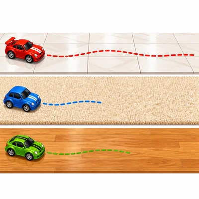 Toy cars rolled different distances on tile, carpet, and wood.