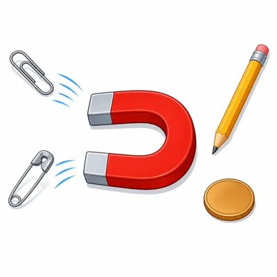A magnet attracting a paper clip and safety pin while a pencil and coin stay away.