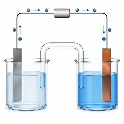 A galvanic cell with arrows showing electrons flowing through the wire from one electrode to the other.
