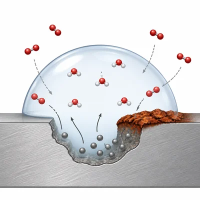 An iron surface under a water droplet reacts with oxygen, forming reddish-brown rust.