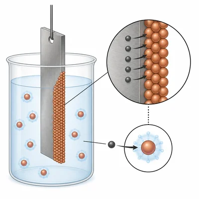 A zinc-like metal strip transfers electrons to copper-like ions, causing copper-colored metal to plate onto the strip.