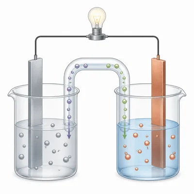 A galvanic cell with two beakers connected by a salt bridge carrying ions between the solutions.