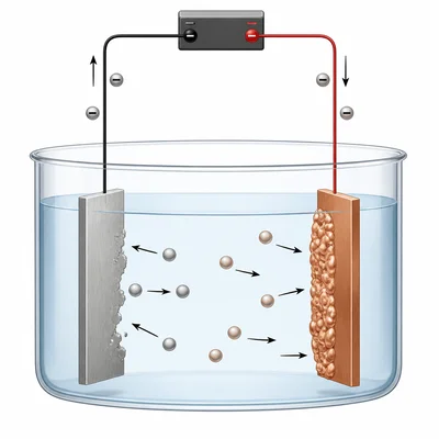 An electrochemical cell showing one electrode dissolving and the other electrode gaining a plated metal layer.
