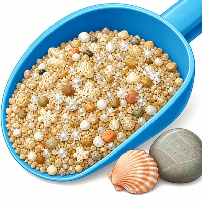 Close-up of beach sand with shell pieces and tiny rock fragments.