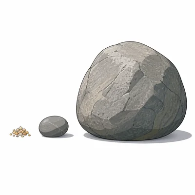 Sand grains, a pebble, and a large boulder shown in increasing size.
