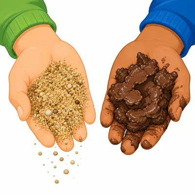 Hands comparing loose gritty sand and sticky wet clay soil.