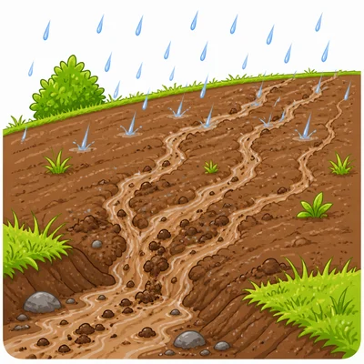 Rain washes bare soil downhill into a ditch.