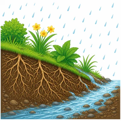 Plant roots hold soil in place during rain.