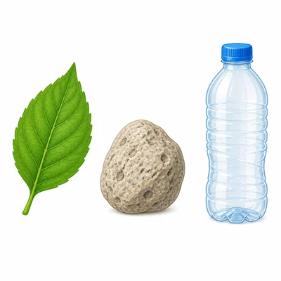 A leaf, a limestone pebble, and a plastic bottle shown side by side.