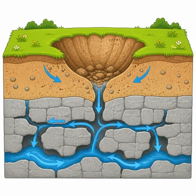 Cutaway view of water dissolving limestone and forming a sinkhole.