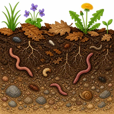 Garden soil with dead leaves, small rocks, roots, worms, and tiny living things.