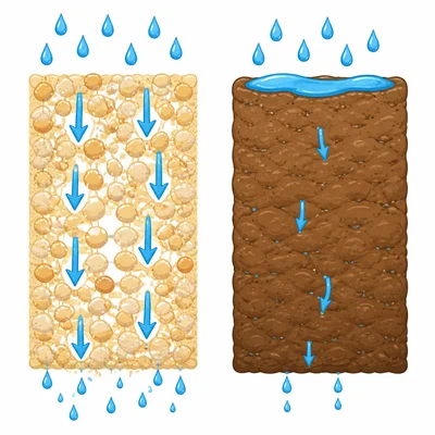 Water passes quickly through loose sand and slowly through thick clay.