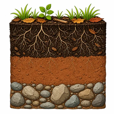 Soil profile showing dark topsoil, subsoil, and rock pieces.