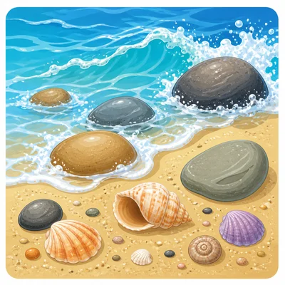 Waves smoothing rocks and shells on a sandy beach.