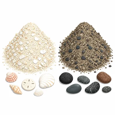 Two piles of sand, one white with shells and one darker with rock fragments.