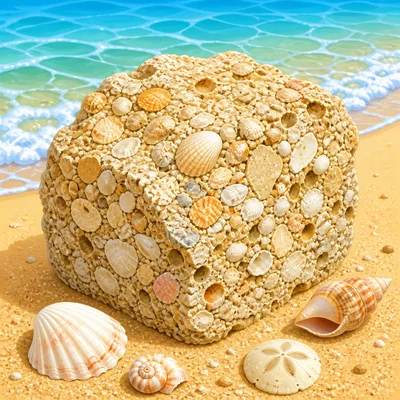 A shell-filled coquina rock on a sandy beach.