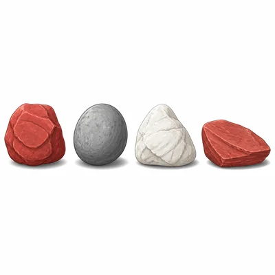 Four rocks in a row: two red, one gray, and one white.
