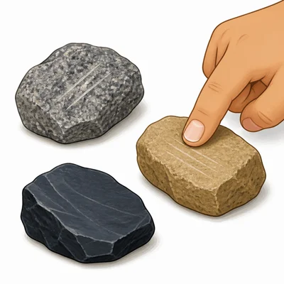 Three rocks tested by a fingernail; two show scratches and one does not.