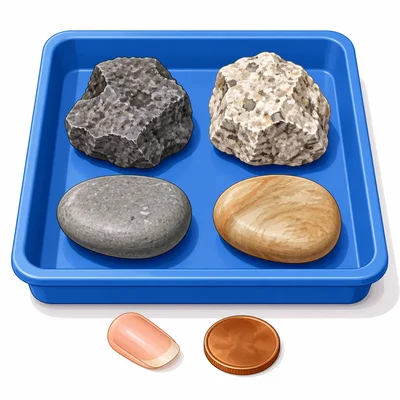 A tray with two rough rocks and two smooth rocks, with hardness testing tools nearby.