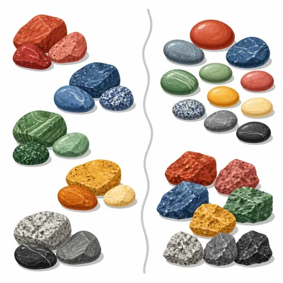 The same rocks sorted in two different ways, by color and by texture.
