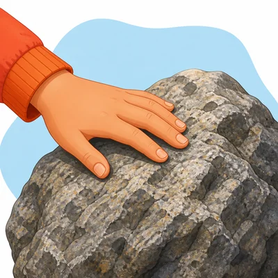 A hand touching a rough, bumpy rock.