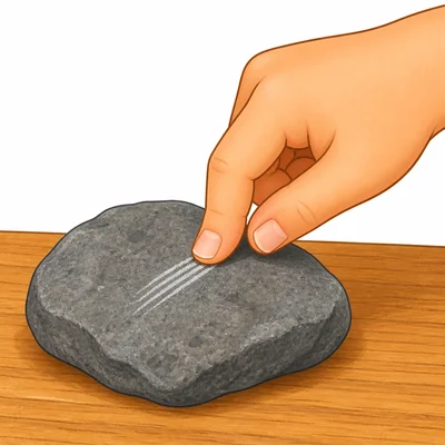 A fingernail scratches a rock and leaves a mark.