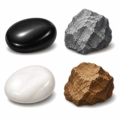 Four rocks with different colors and textures: smooth black, rough gray, smooth white, and rough brown.