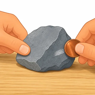 A rock is tested with a fingernail and a coin; the coin leaves a scratch.