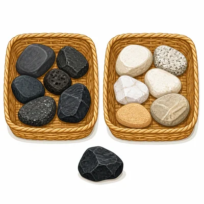 Dark rocks and light rocks in separate trays, with a black rock ready to sort.