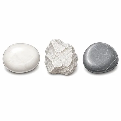 Three rocks: smooth white, rough white, and smooth gray.
