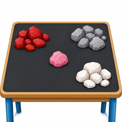 A pink rock near groups of red, gray, and white rocks.