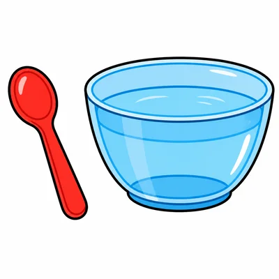 A plastic spoon next to a bowl of water.