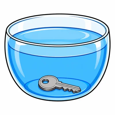 A key at the bottom of a bowl of water.