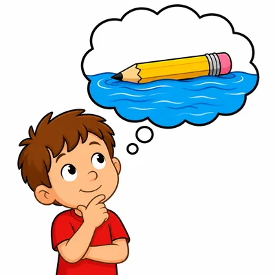 A child thinking about a pencil floating on water.