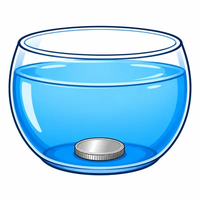 A coin at the bottom of a bowl of water.