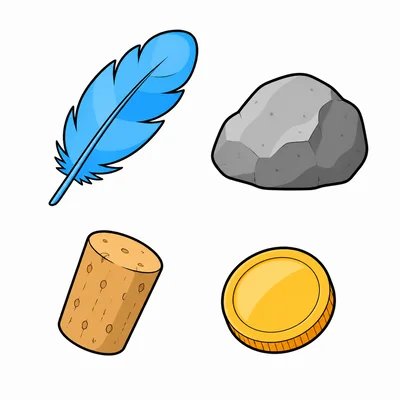 A feather, rock, cork, and coin.