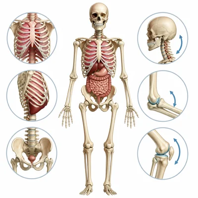 Human skeleton showing support, protection of organs, and movement at joints.