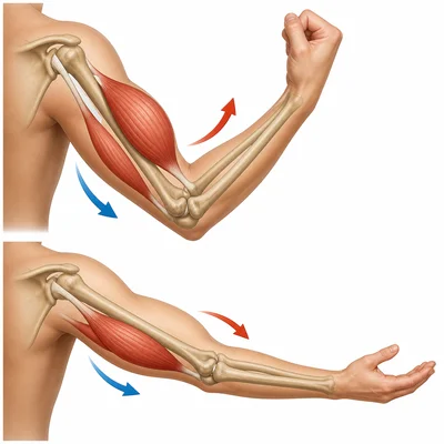 Biceps and triceps working as an opposing pair to move the arm.