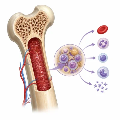 Bone marrow inside a bone producing blood cells.