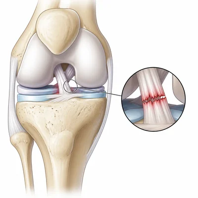 Knee joint with an injured ligament affecting stability.