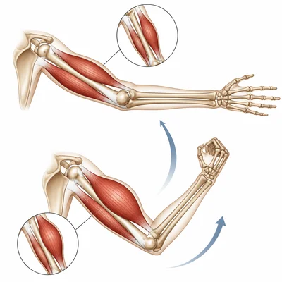 Arm bones and muscles showing how muscle contraction moves the elbow.