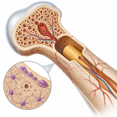 Cutaway of living bone tissue with marrow, blood vessels, and bone cells.
