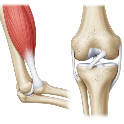 Diagram showing a tendon connecting muscle to bone and a ligament connecting bone to bone.