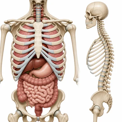 Rib cage protecting organs and vertebral column supporting the body.